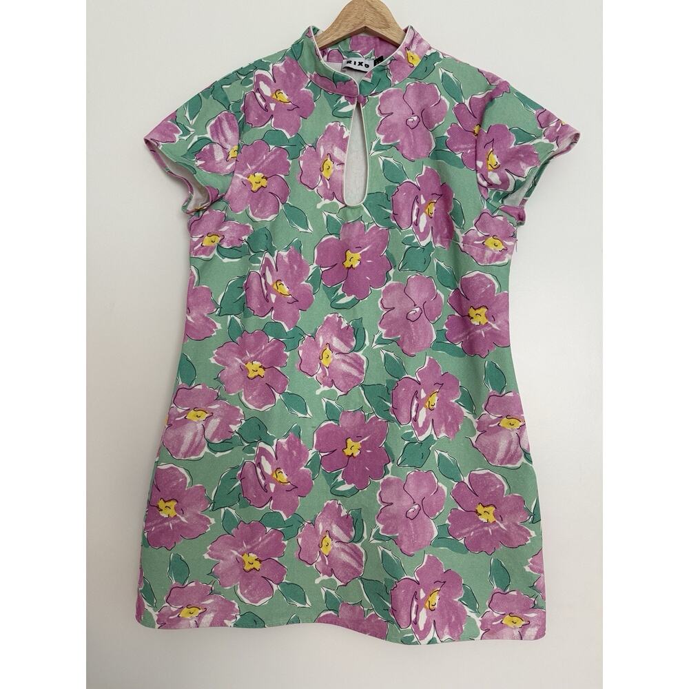 RIXO Lolita Cotton Canvas Mini Dress Azalea Bloom Pink & Green Floral Women’s L